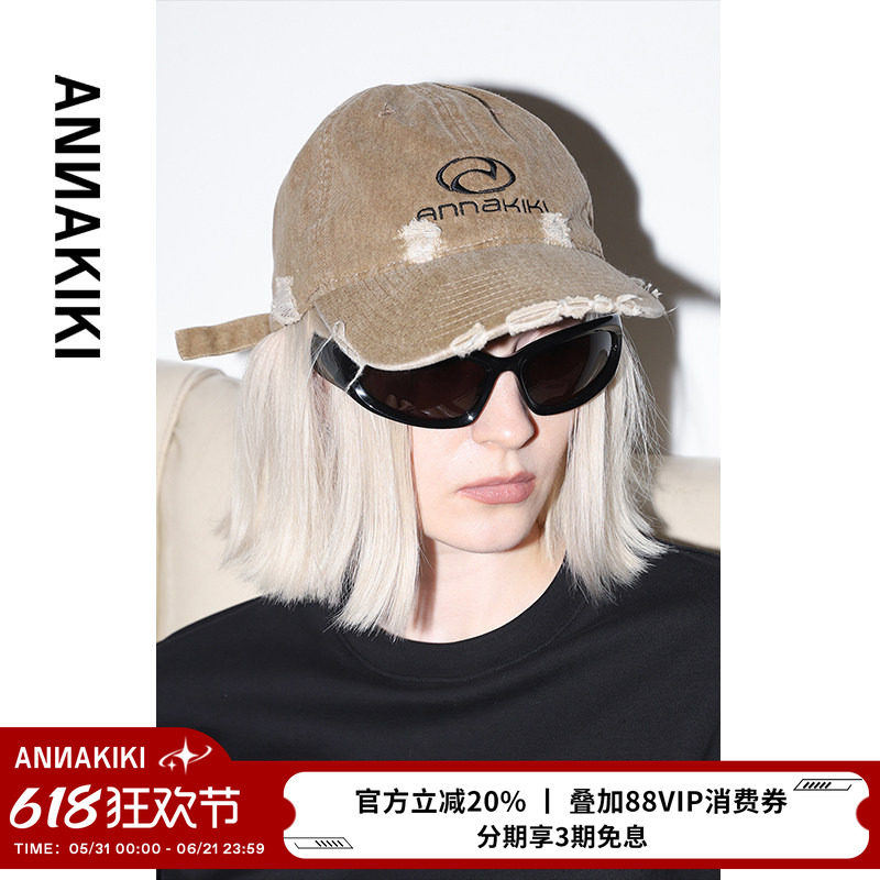 ANNAKIKI帽子【龚俊明星同款】春季小众复古磨破刺绣鸭舌帽子女