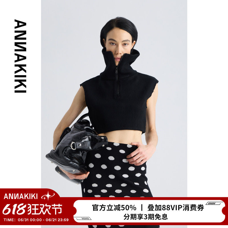 ANNAKIKI上衣 设计师款女装小众 高领大翻领短款无袖针织衫上衣女