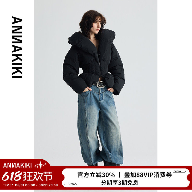 ANNAKIKI羽绒服 设计师款女装小众 黑色爱心领收腰短款90鹅绒服女