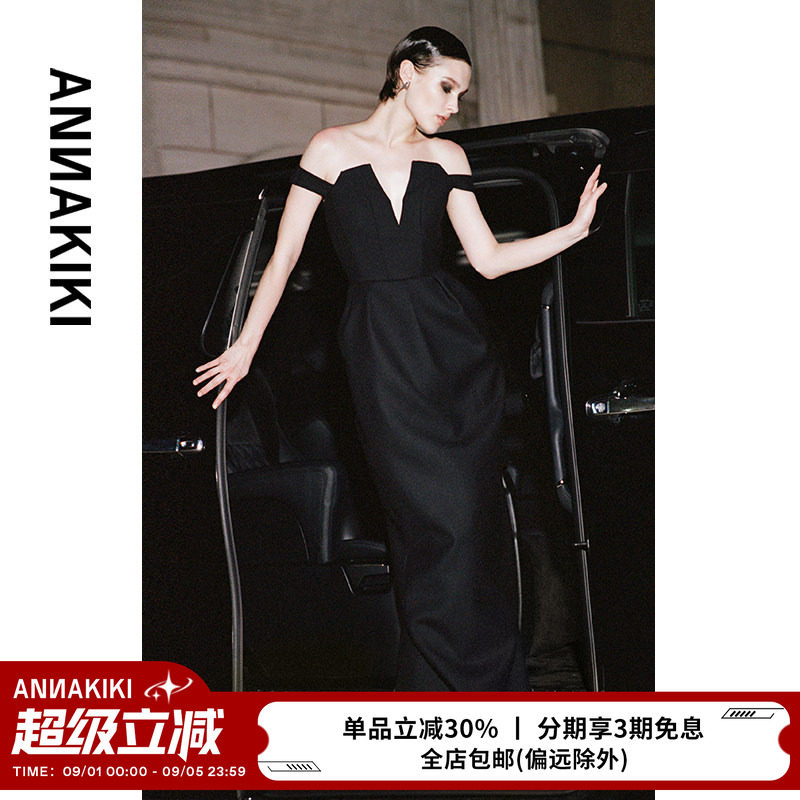 ANNAKIKI 连衣裙 小众设计师款 聚会红毯黑色V领抹胸礼服连衣裙图片