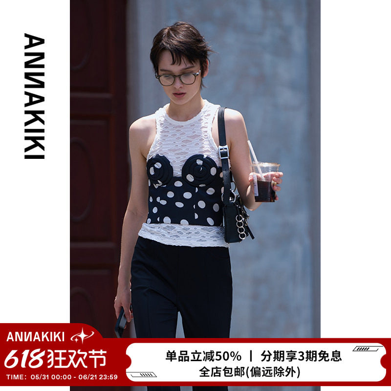 ANNAKIKI抹胸 小众设计师款女装 黑白波点3D螺旋异型醋酸短款抹胸