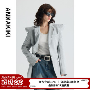 ANNAKIKI西装 冬款设计师款女装小众 钱花灰耸肩收腰西装外套