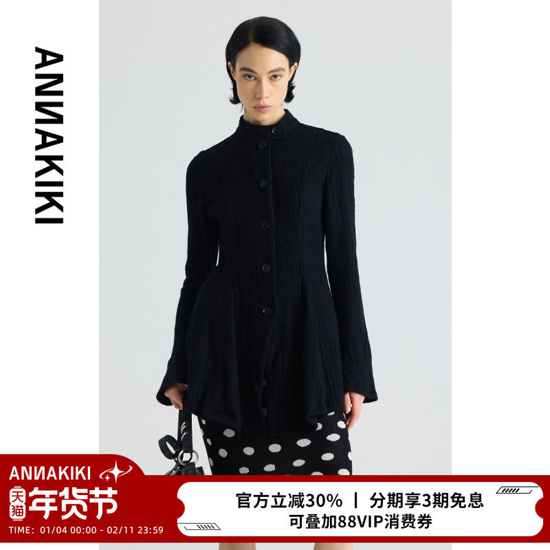 ANNAKIKI短外套 设计师款女装小众 黑色羊毛拼接修身收腰两穿外套,女装/女士精品,短外套,淘宝优惠券,粉丝福利购,淘宝优惠卷