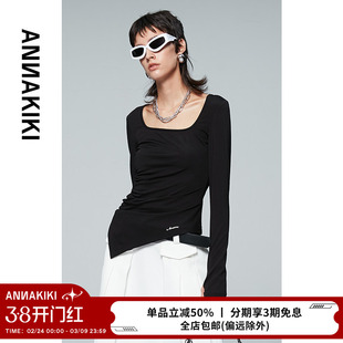 ANNAKIKI T恤 春装小众设计师款女装 不规则长袖T恤打底衫上衣