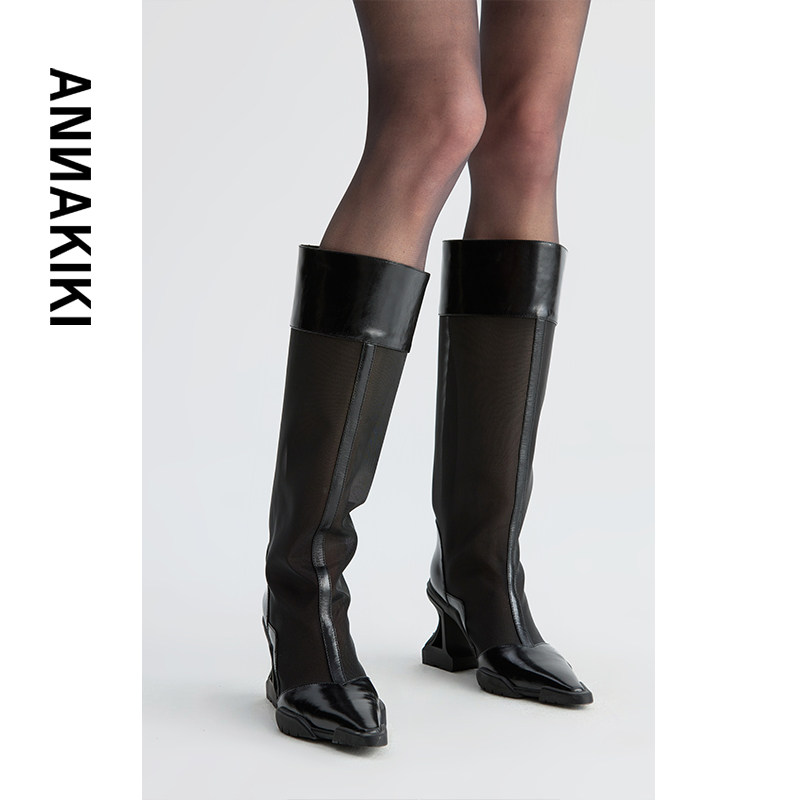 ANNAKIKI【黄龄同款】 小众设计黑色真皮拼接网纱机能长筒靴子女
