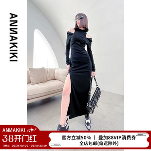 ANNAKIKI连衣裙 设计师款女装小众 露锁骨翻转开叉长袖连衣裙秋冬