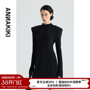 ANNAKIKI连衣裙 设计师款女装小众 黑色醋酸垫肩收腰修身连衣裙女