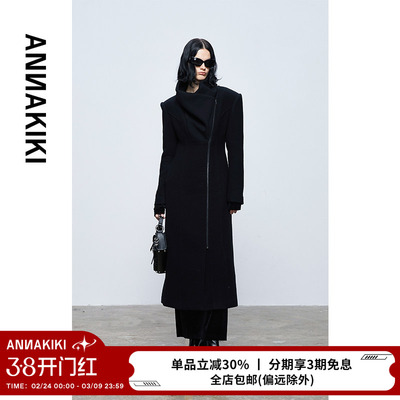 ANNAKIKI毛呢外套 冬款设计师款女装小众 黑色罗纹拼接羊毛大衣