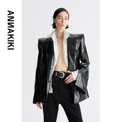 ANNAKIK西装 25秋装小众设计师款 黑色亮面PU开衩袖垫肩西装外套