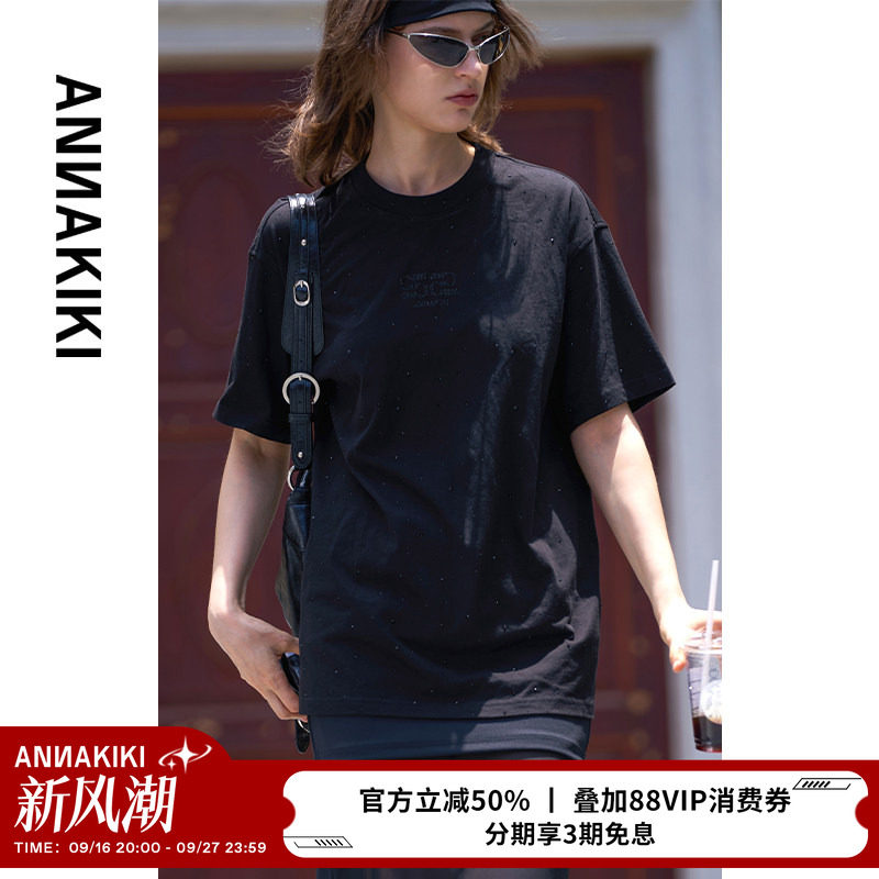 ANNAKIKI T恤 小众设计师款女装 满天星烫钻中长款宽松短袖T恤图片