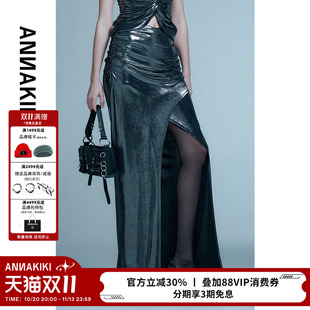 ANNAKIKI连衣裙 小众设计师款女装 深灰亮面交叠捏褶中腰连衣长裙