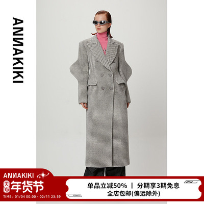 ANNAKIKI 【全度妍同款】冬新款原创设计羊驼毛3D波浪袖毛呢大衣