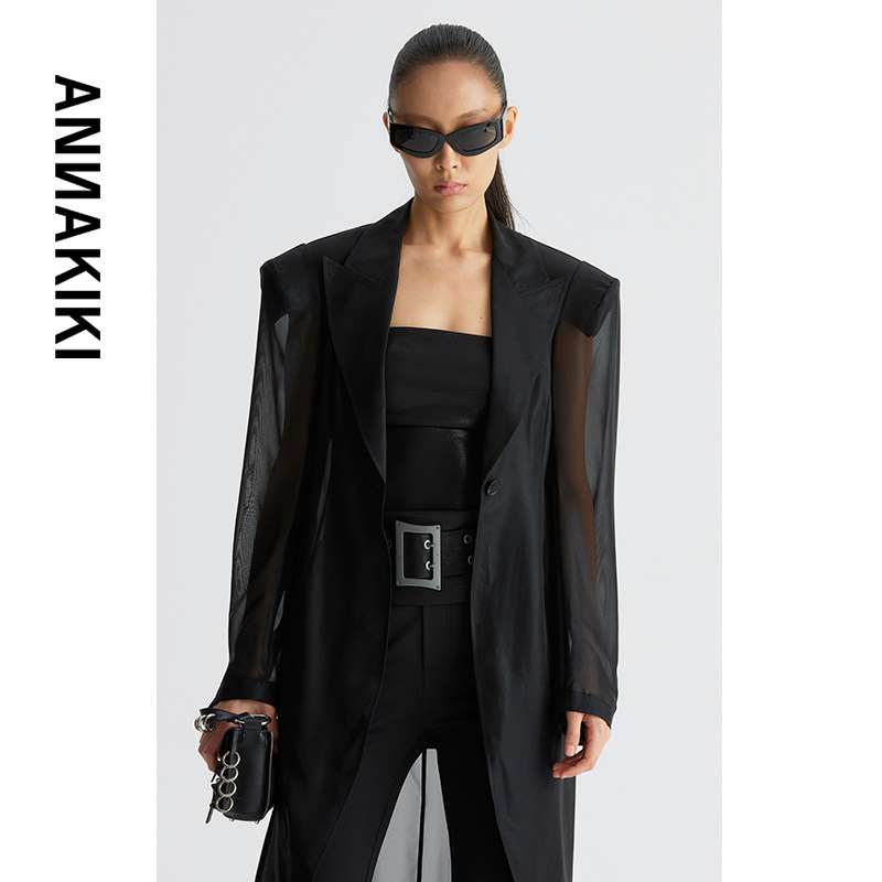 ANNAKIKI【宋妍霏同款】黑色光泽透视燕尾长西装外套女