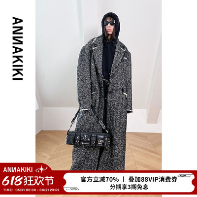 宽松烂边长款羊毛大衣女冬季