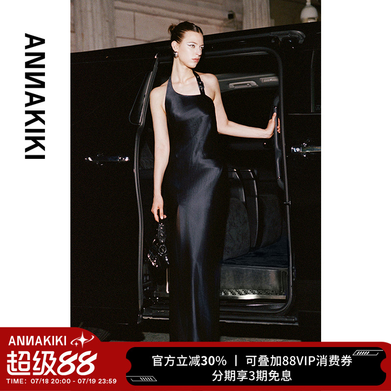 ANNAKIKI【Jordan Chiles明星同款】小众黑色醋酸开衩无袖连衣裙