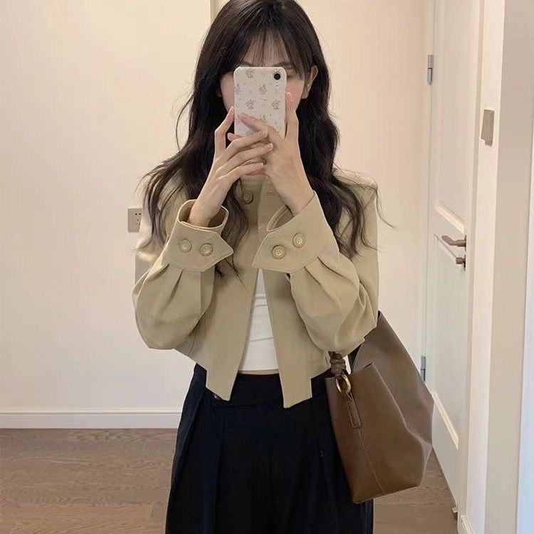 不规则玫红色翻领短款风衣外套女春秋设计感小众夹克开衫长袖上衣
