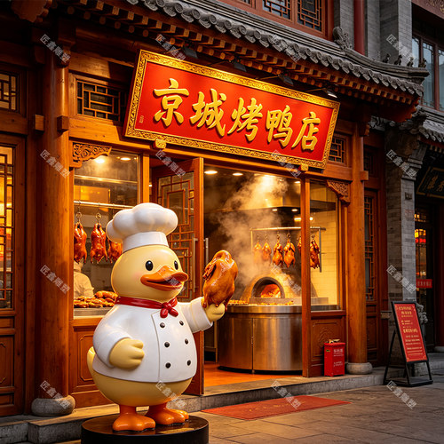 烤鸭店卡通鸭子雕塑熟食餐饮店门头落地玻璃钢卡通IP形象摆件定制