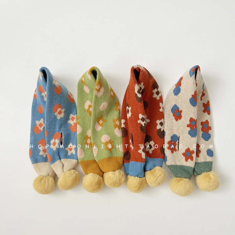 INS 작은 꽃 어린이 양모 스카프 가을 겨울  ??소년과 소녀를위한 따뜻한 두꺼운 니트 방풍 목 스카프