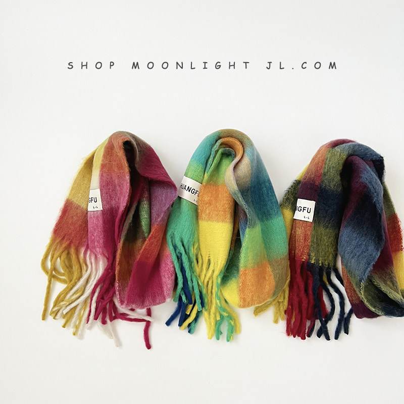 한국 스타일의 부드러운 대조 격자 무늬 어린이 스카프 니트 가을 겨울 따뜻하고 두꺼운 방풍  소녀 스카프