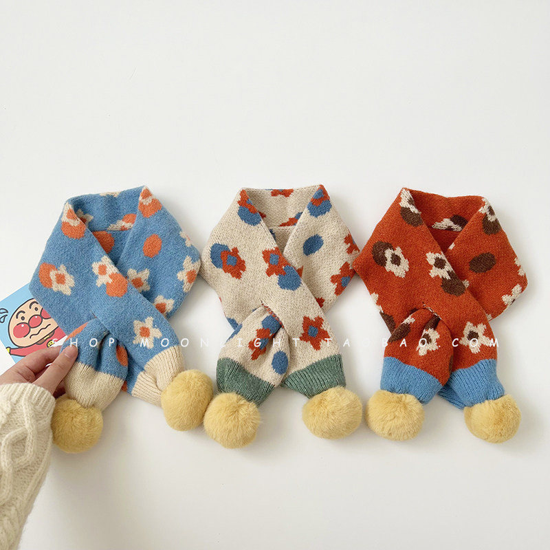 INS 작은 꽃 어린이 양모 스카프 가을 겨울  ??소년과 소녀를위한 따뜻한 두꺼운 니트 방풍 목 스카프