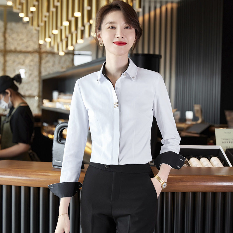 春秋新款女长袖白衬衫职业正装工作服上衣打底OL黑色衬衣寸衣工装