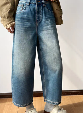 kabodo卡布地68757A高腰阔腿牛仔裤女2025冬季新款加绒九分弯刀裤