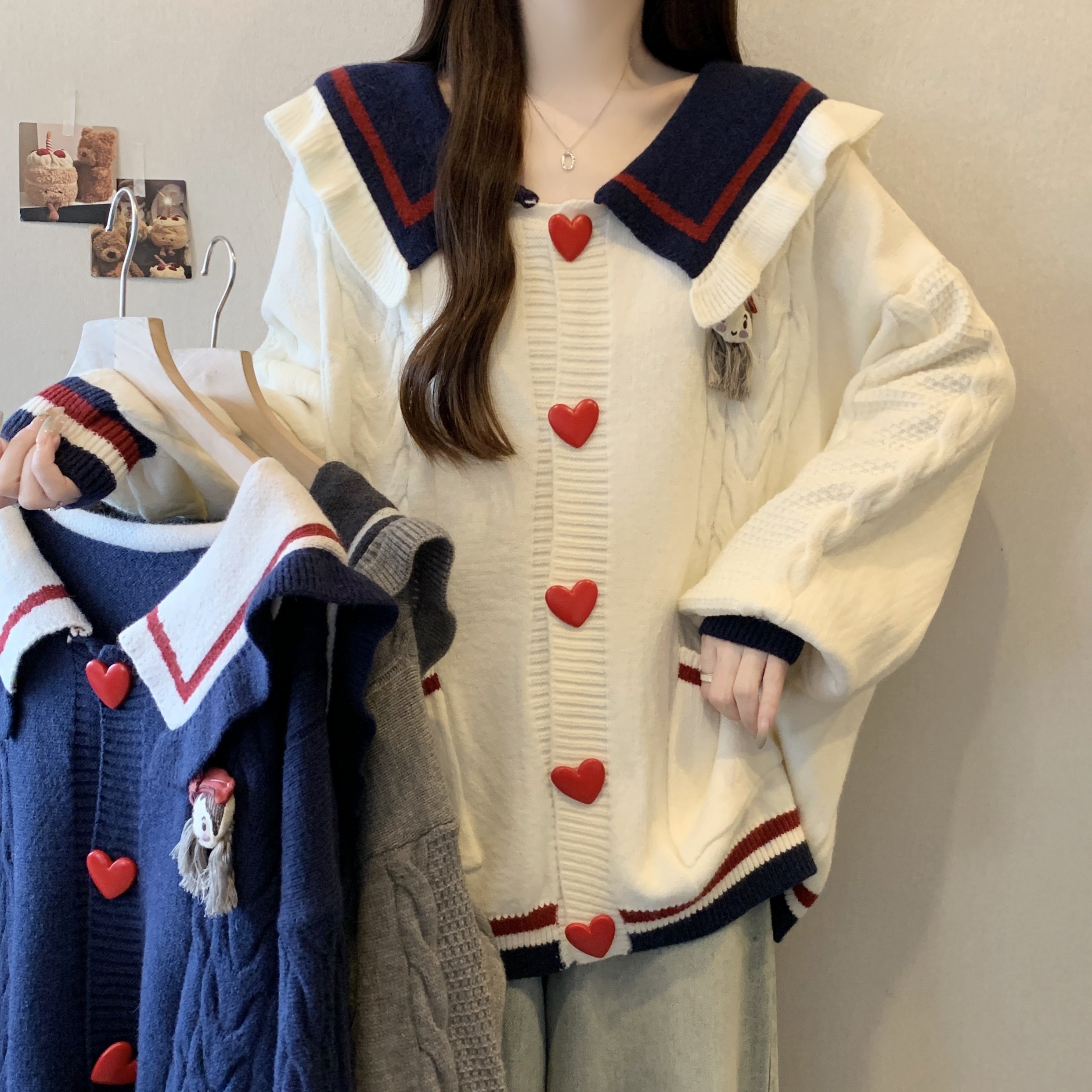 实拍 学院风爱心扣针织开衫女秋冬大码胖mm宽松慵懒减龄毛衣外套,女装/女士精品,大码内搭,淘宝优惠券,粉丝福利购,淘宝优惠卷