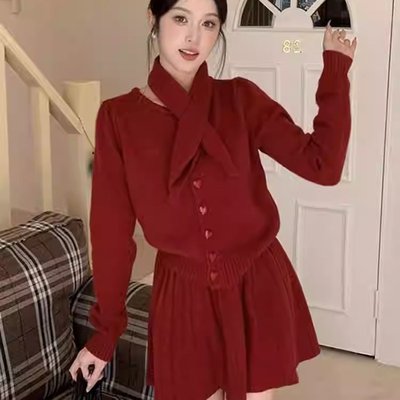 圣诞新年战袍红色针织毛衣套装裙子女秋冬季小个子香风高级感穿搭