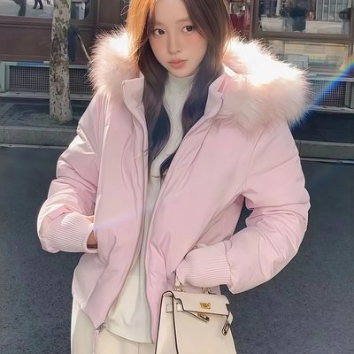 小海鸥收腰短款大毛领冬季新款粉色羽绒服女2025巨好看的冬装外套