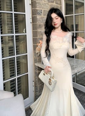 Blovelan烟纱雅梦 纯欲温柔羽毛拼接蕾丝羊绒亲肤鱼尾大摆连衣裙