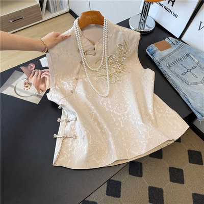 实拍复古新中式重工刺绣钉珠立领马甲上衣2025秋新款国风提花坎肩