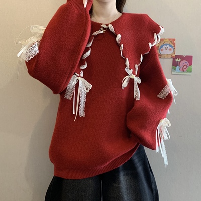 实拍大码女装红色设计感翻领蕾丝系带宽松毛衣胖妹妹遮肚针织上衣