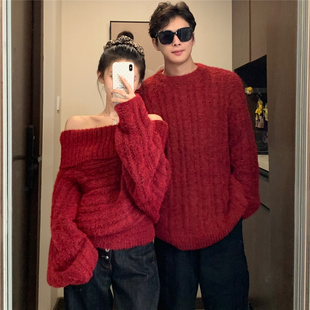 秋冬2025新款 情侣装 红色圣诞针织慵懒风新年两穿毛衣 已出货 实拍