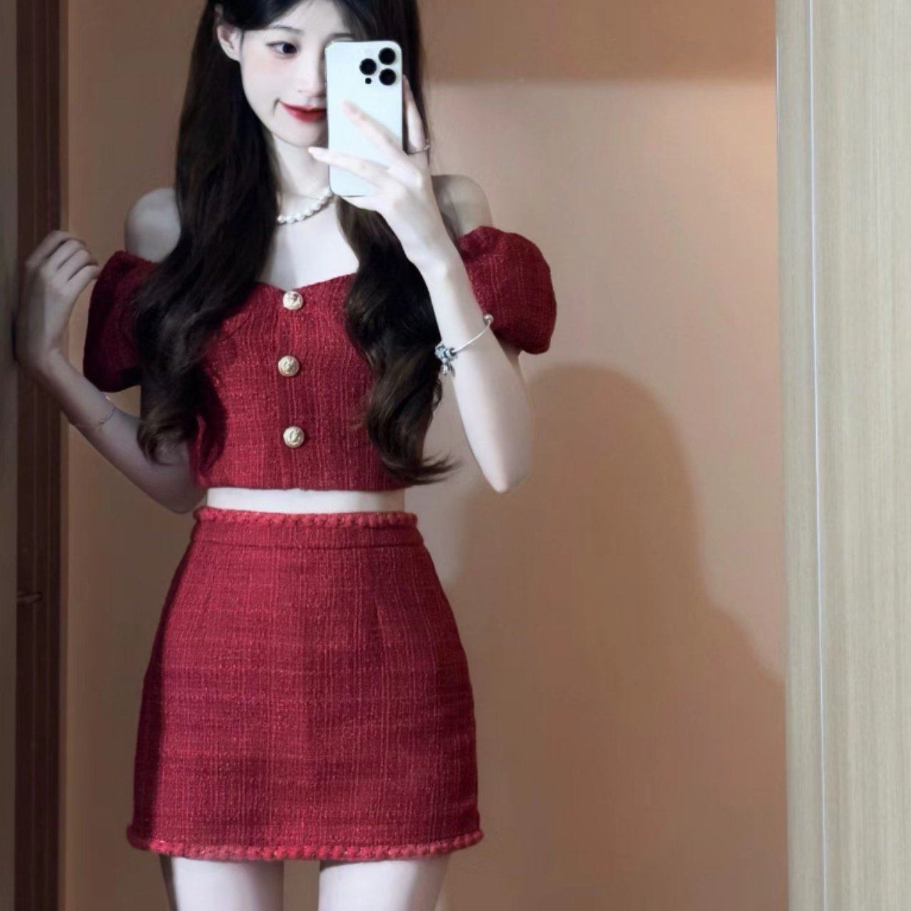 纯御风气质小香风套装正红色V领上衣气质显瘦半裙套装,女装/女士精品,时尚套装,淘宝优惠券,粉丝福利购,淘宝优惠卷