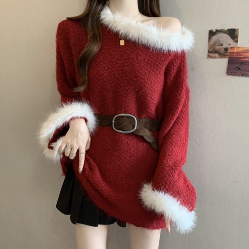 韩系斜肩蝙蝠袖套头毛衣女2025新款秋冬高级感宽松大码露肩针织衫