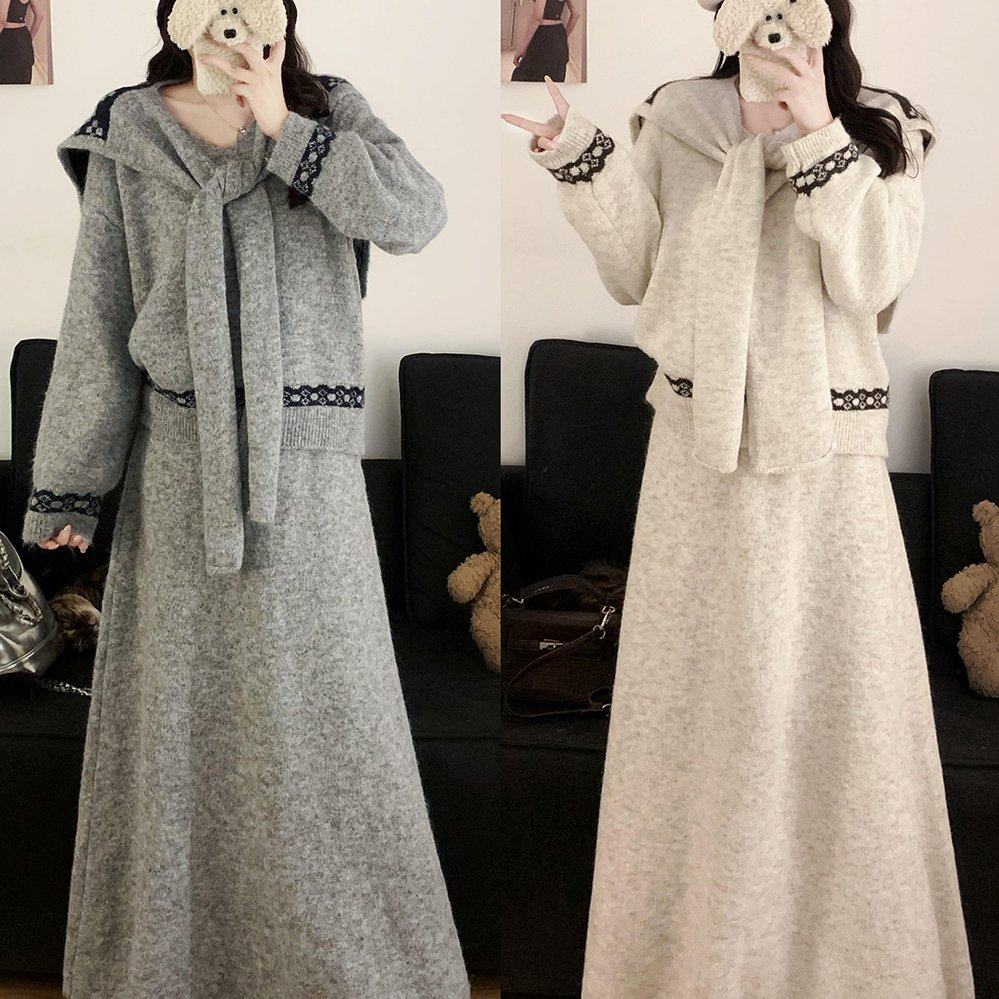 实拍2025冬季新款大码提花披肩V领针织衫毛衣上衣半身裙三件套装