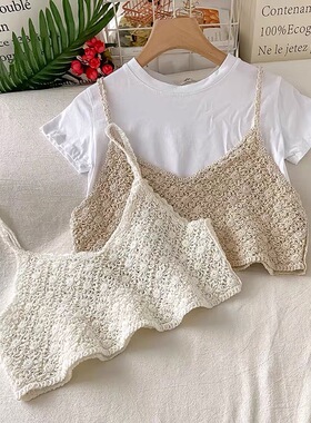 小清新韩版宽松针织ins潮百搭文艺复古外搭镂空钩花上衣吊带背心