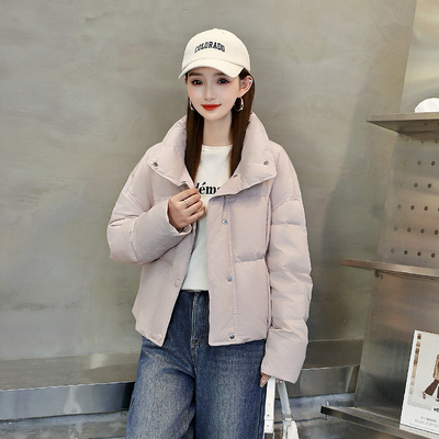 冬季短款立领粉色羽绒服女宽松