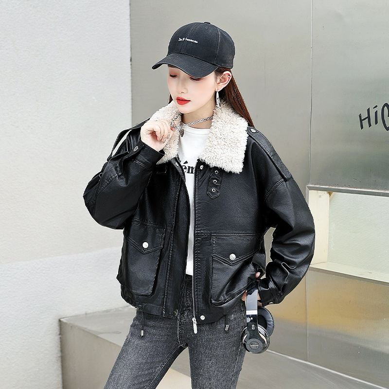 翻领加绒加厚皮衣外套女秋冬