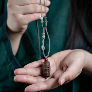 天然柬埔寨菩萨棋沉香项链吊坠古风设计奇楠回纹珠挂饰女挂坠沉水