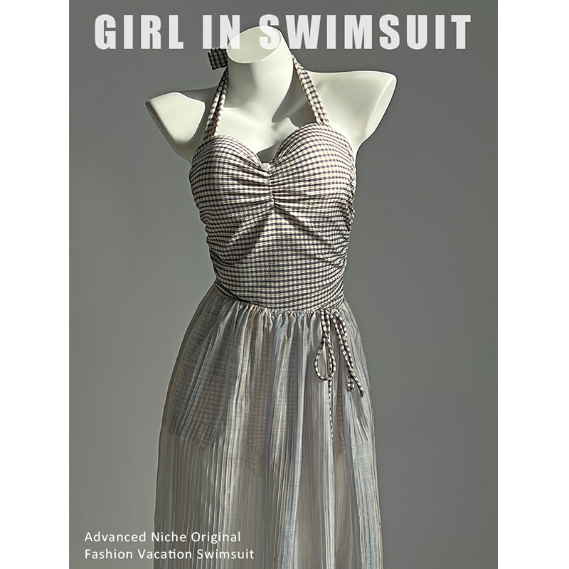 复古格子泡温泉长裙连体泳衣两件