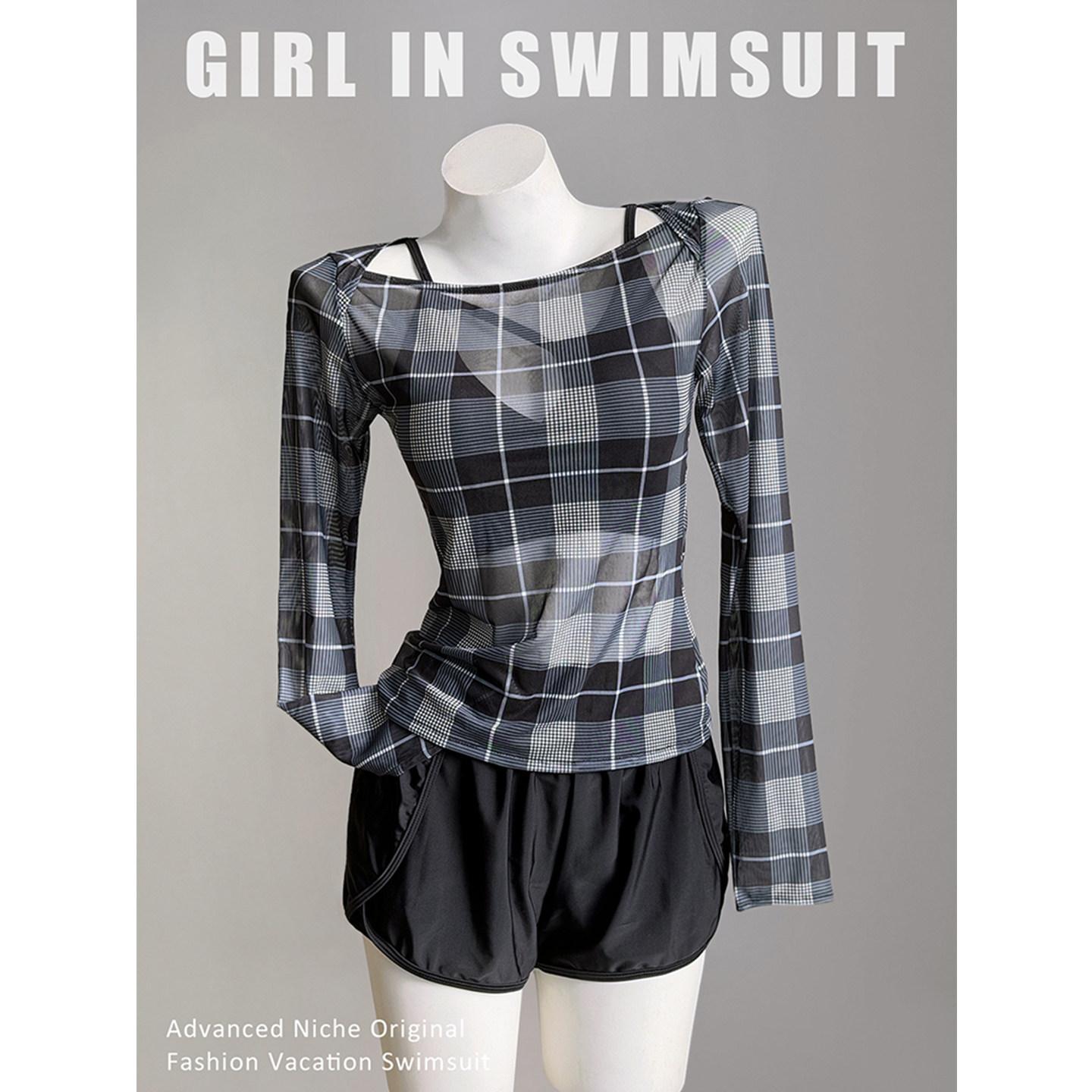 透视网纱罩衫性感黑色分体泳衣女复古格子大码泳装泡温泉海边度假