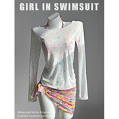 温泉辣妹泳装 罩衫 甜美小碎花比基尼泳衣女星星长袖 小红书网红爆款