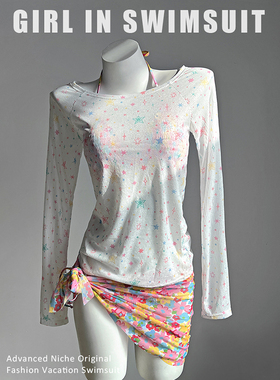 小红书网红爆款甜美小碎花比基尼泳衣女星星长袖罩衫温泉辣妹泳装