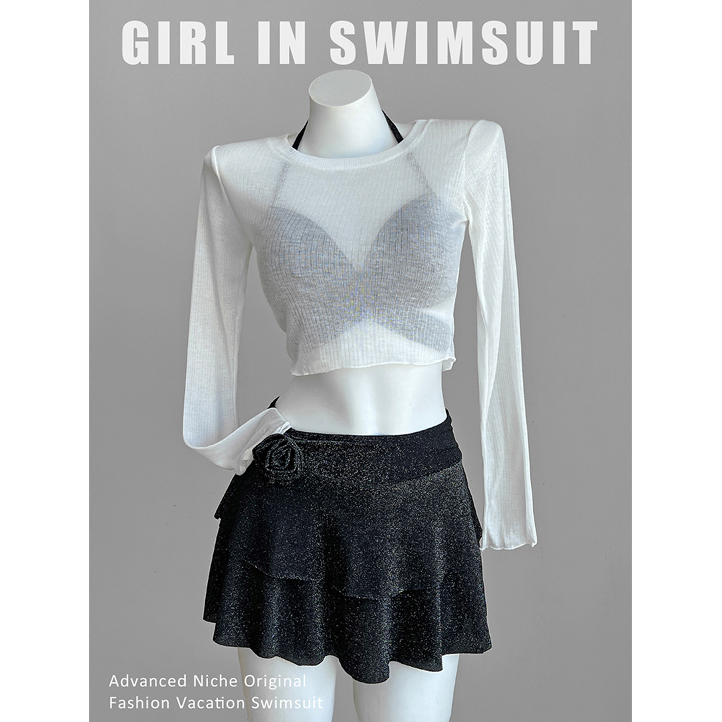 性感黑色比基尼分体泳衣女裙式三件套修身长袖罩衫辣妹带钢托聚拢