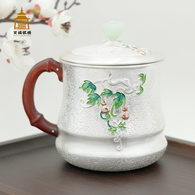 银茶杯纯银999茶缸杯足银手工掐丝马克杯景泰蓝工艺食品级银水杯