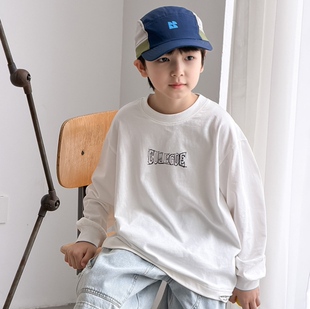 男童长袖T恤2026新款字母中大童宽松百搭儿童打底衫纯色休闲上衣