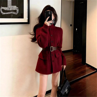 独特漂亮女神范气质高级感富家千金miu系新年红色针织连衣裙冬季