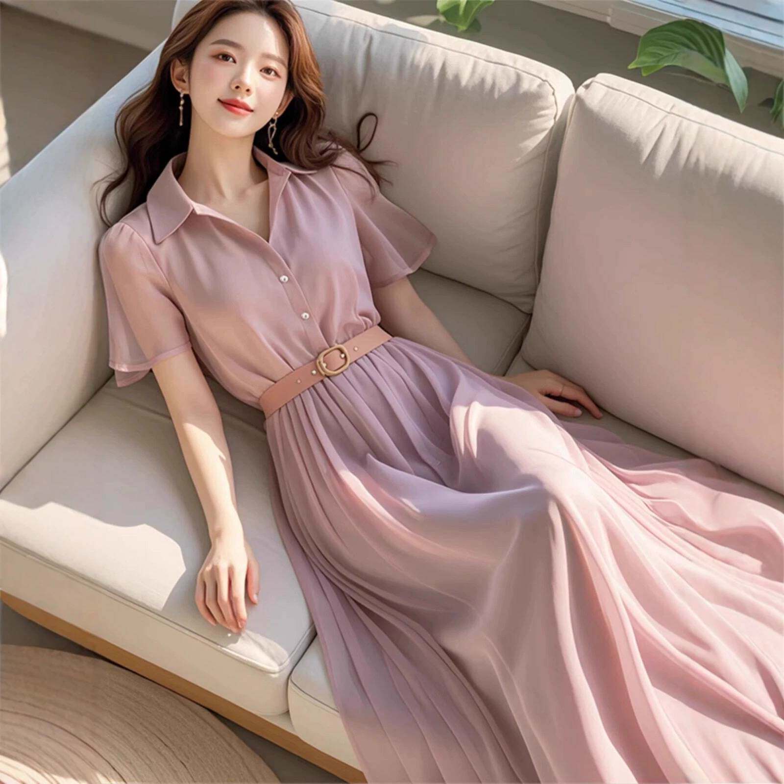 雪纺短袖衬衫连衣裙女夏2026新款高级感气质通勤收腰显瘦长裙子