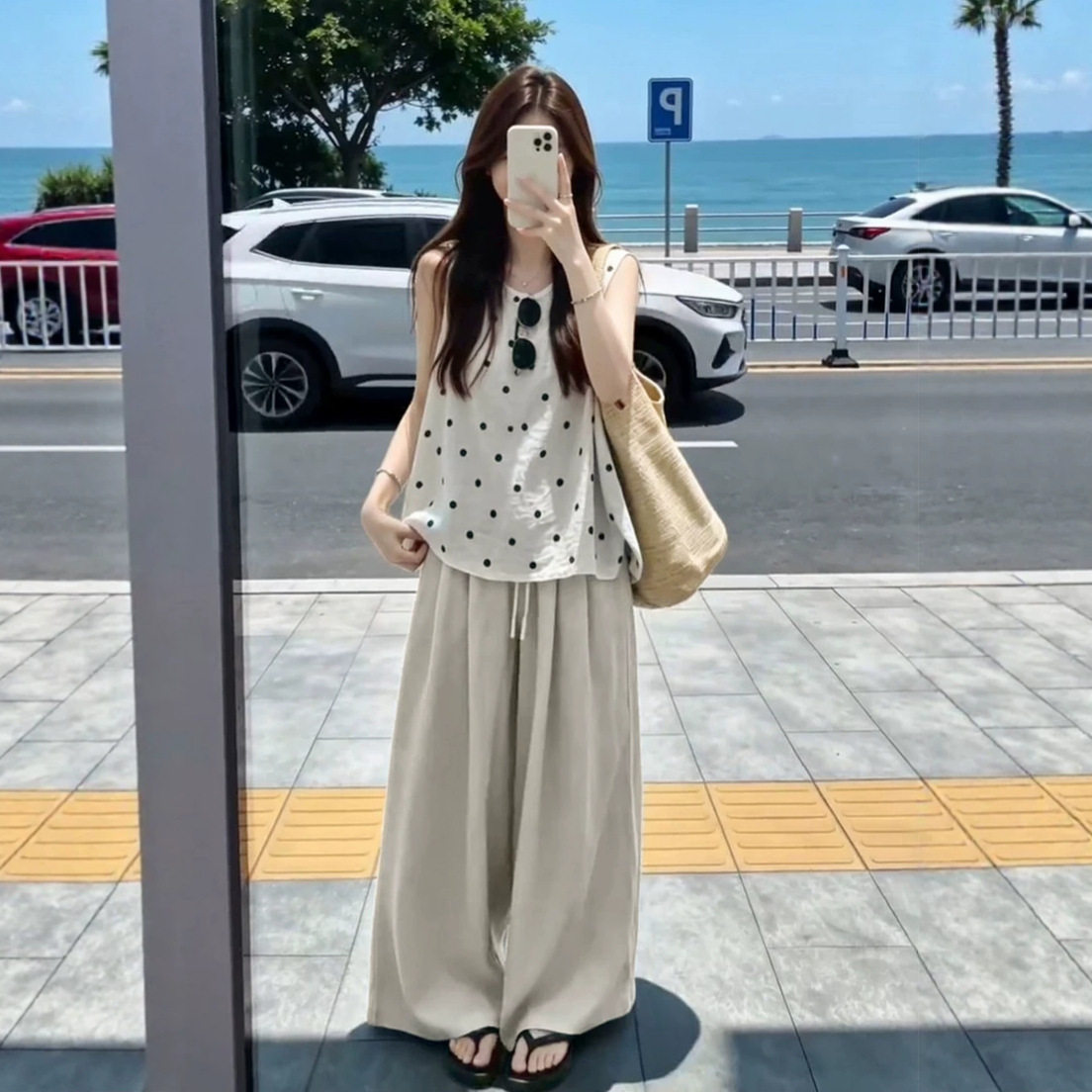 独特漂亮韩系ootd超火穿搭一整套2026新款夏季波点上衣阔腿裤套装